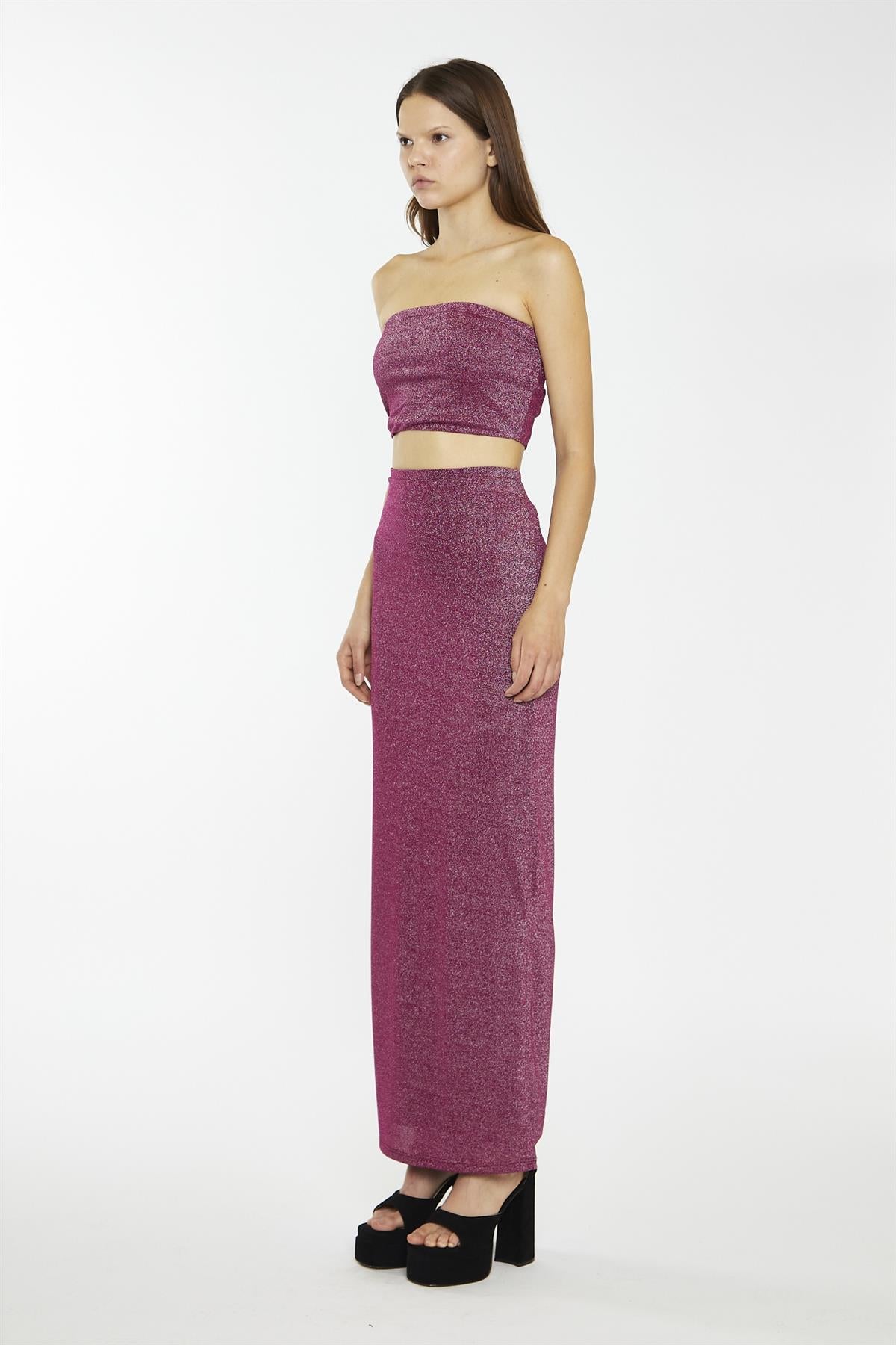 Red-Plum Glitter Straight Maxi-Skirt