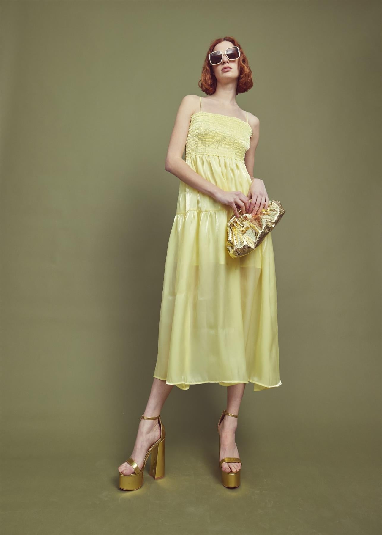 Sabrina Smocked Empire-Line Midi Dress -Lemon