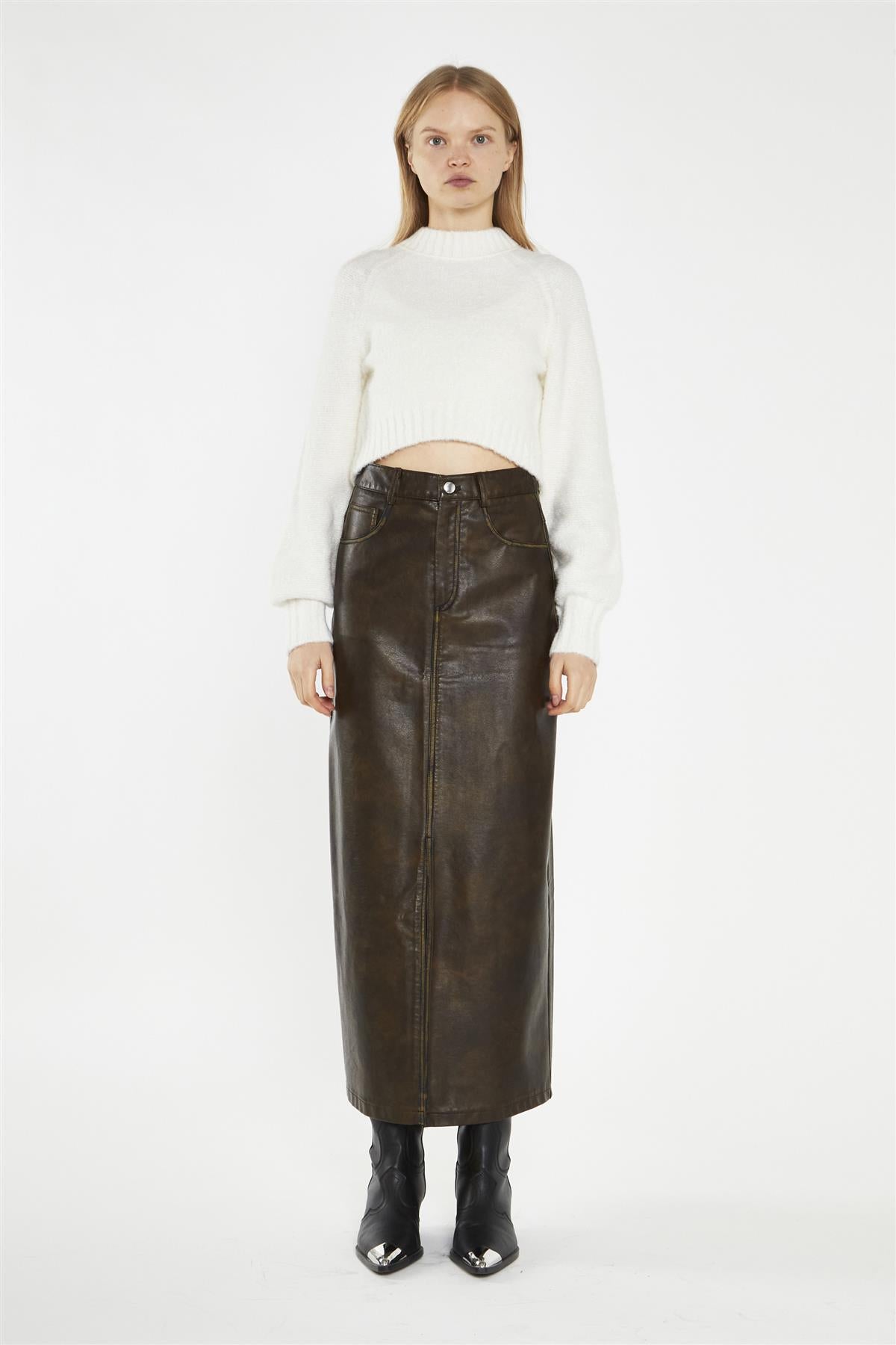 Olive-Brown Distressed-PU Straight Midi-Skirt