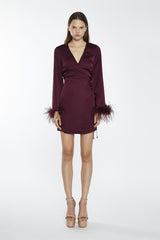 Deep-Burgundy Sateen Feather Trim Wrap Mini-Dress