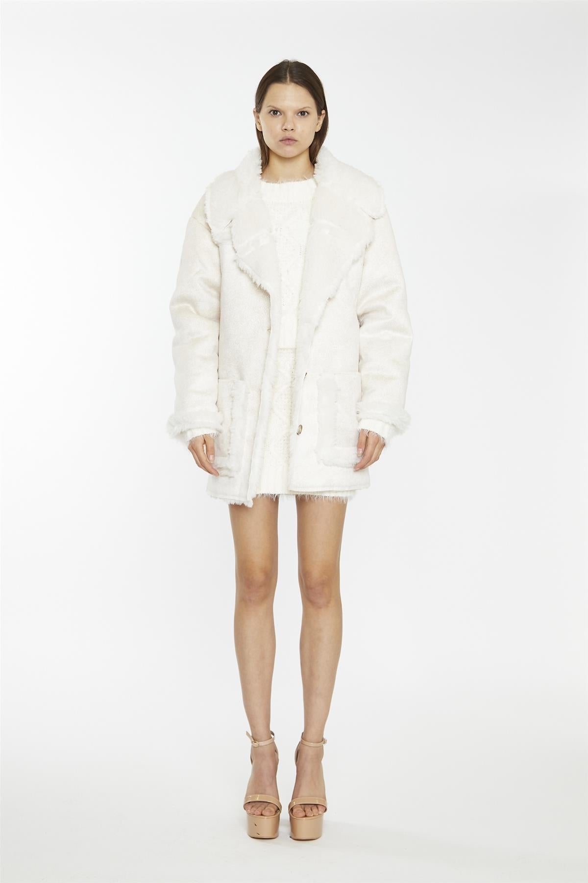 Cream Shearling Oversized-Collar Jacket