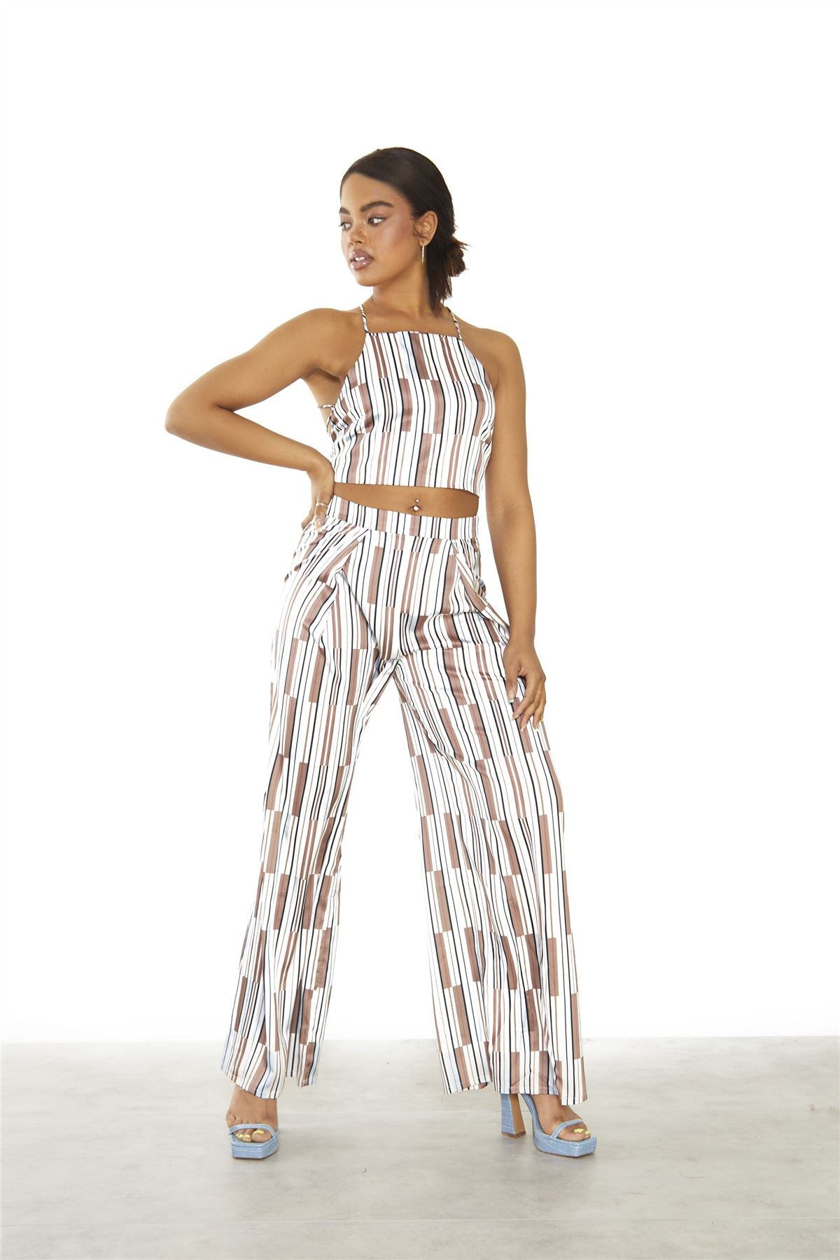 Brown Blue Stripe Tie Back Crop Top