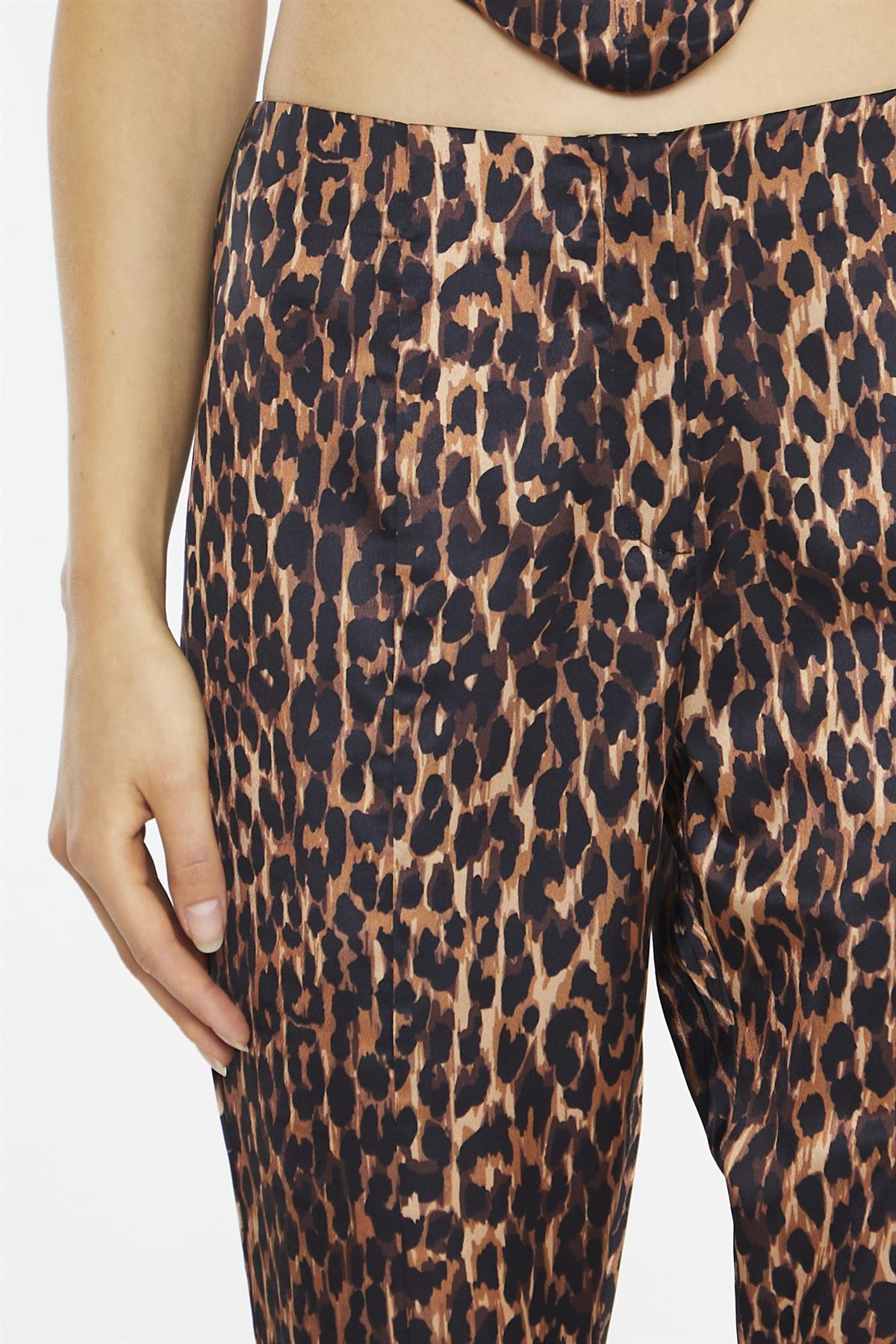 Brown-Leopard Split-Front Flared Trousers