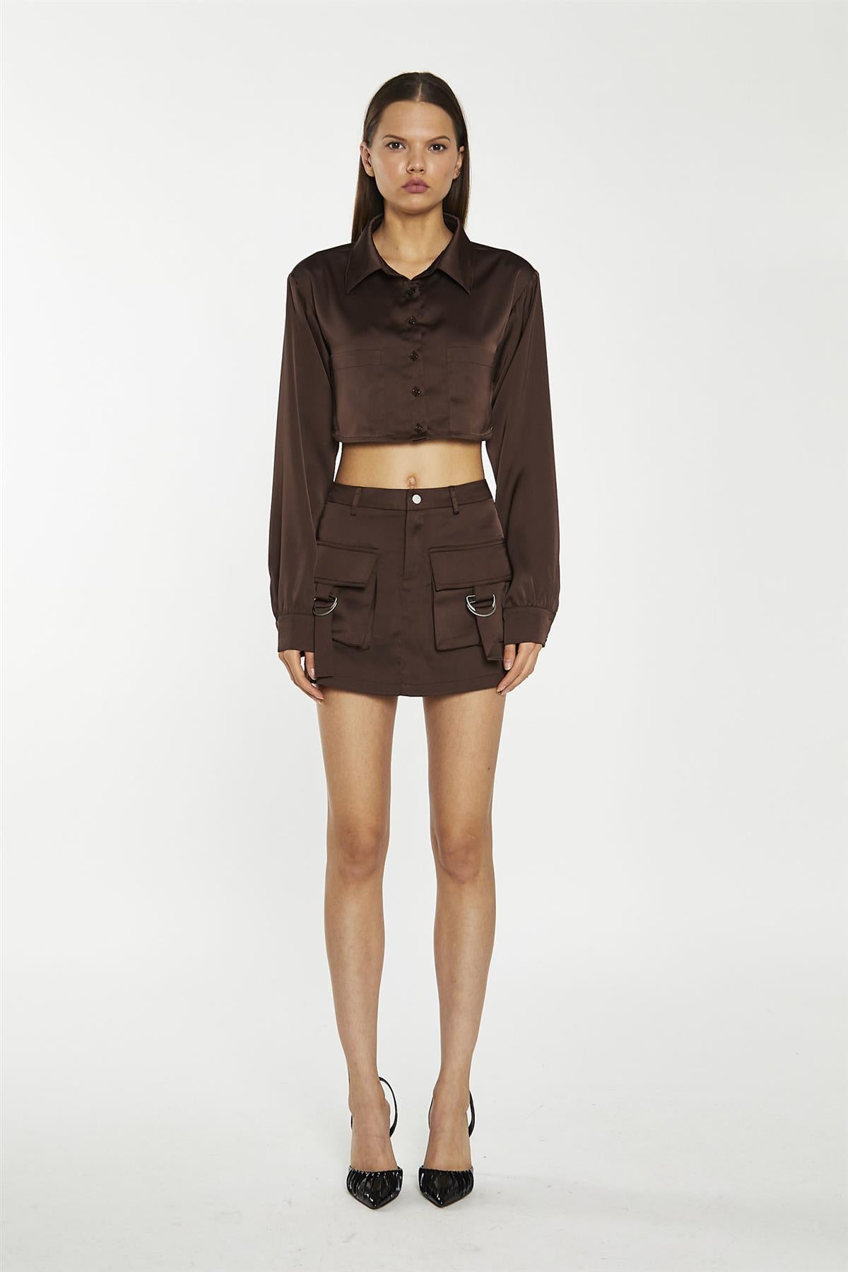 Brown Satin Cargo Mini-Skirt