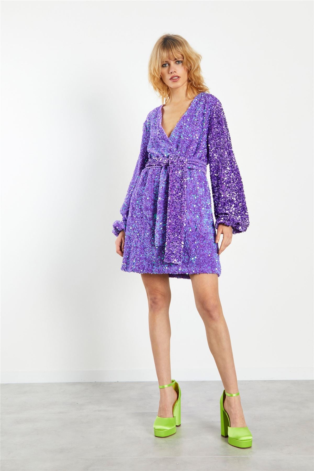 Purple Sequin Tie Waist Wrap Mini Dress