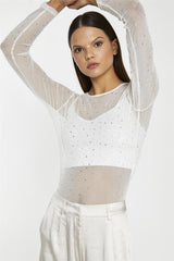 White-Mesh Diamante Classic-Bodysuit