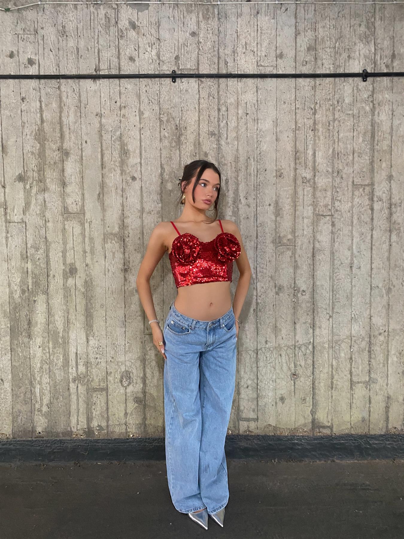 Rosa Co-ord Corsage Bust Crop Top - Deep Red