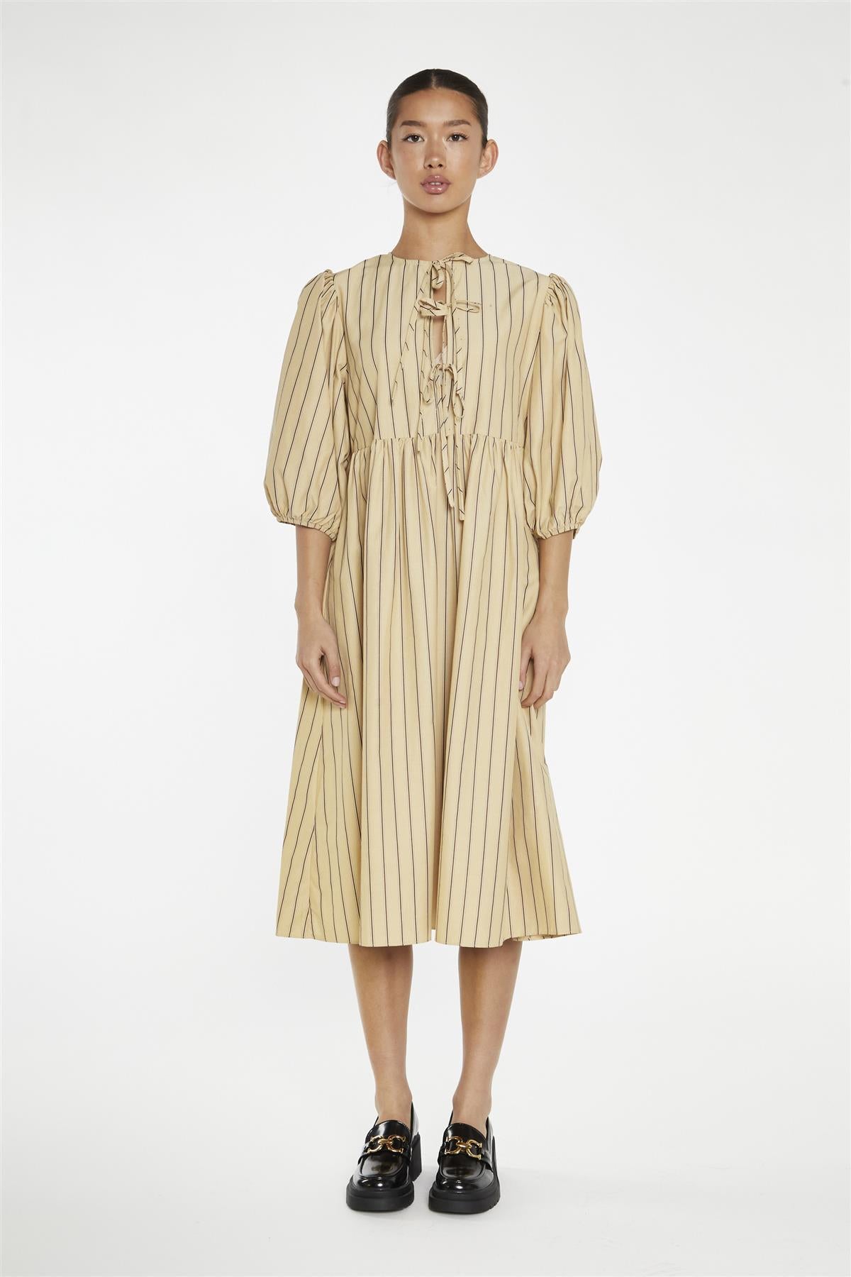 Beige-Brown Stripe Tie-Front Midi-Dress