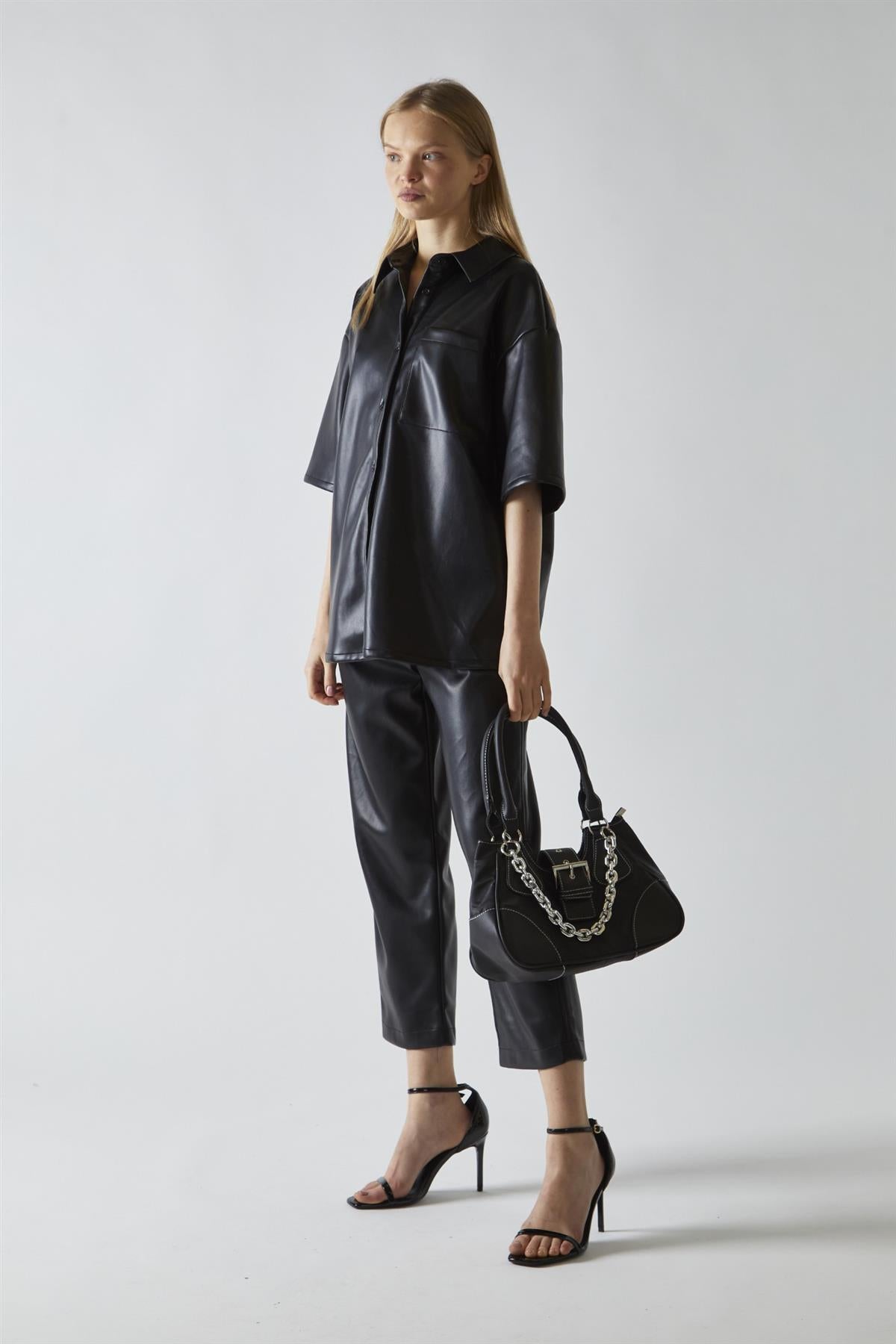 Black-PU Boxy Oversized-Shirt