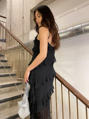 Black Waterfall Ruffle Maxi-Dress