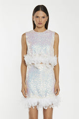 Iridescent-Sequin White Feather Trim Crop-Top