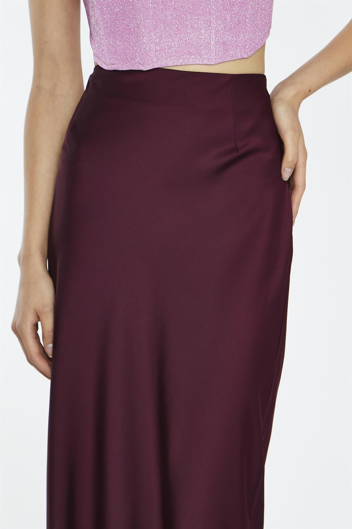 Deep-Burgundy Sateen Side-Split Maxi-Skirt