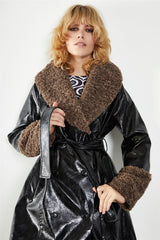 Black Ash-Brown Faux-Fur Trim Belted-Coat