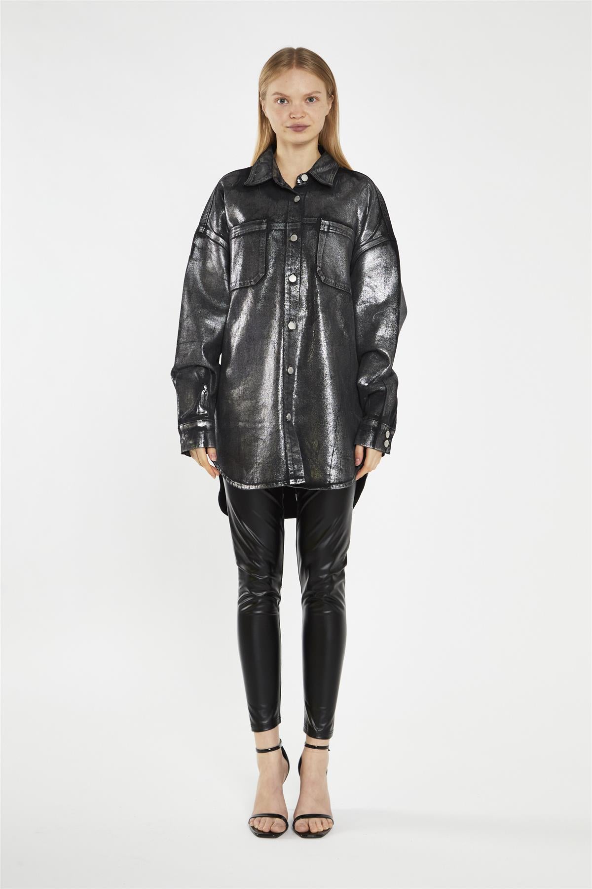 Black-Silver Foil Denim Oversized-Shirt