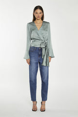 Dusty-Green Satin Wrap Front Blouse