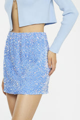 Powder-Blue Velvet-Sequin Bodycon Mini-Skirt