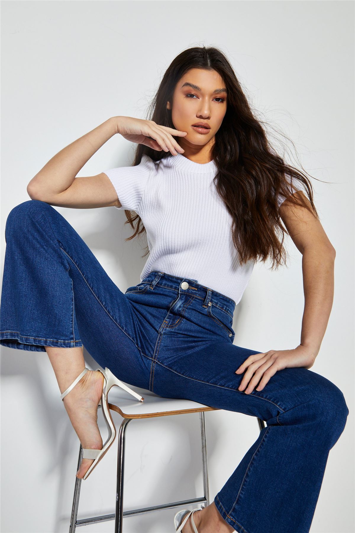 Dark-Blue Wash Flared High-Waisted Jeans