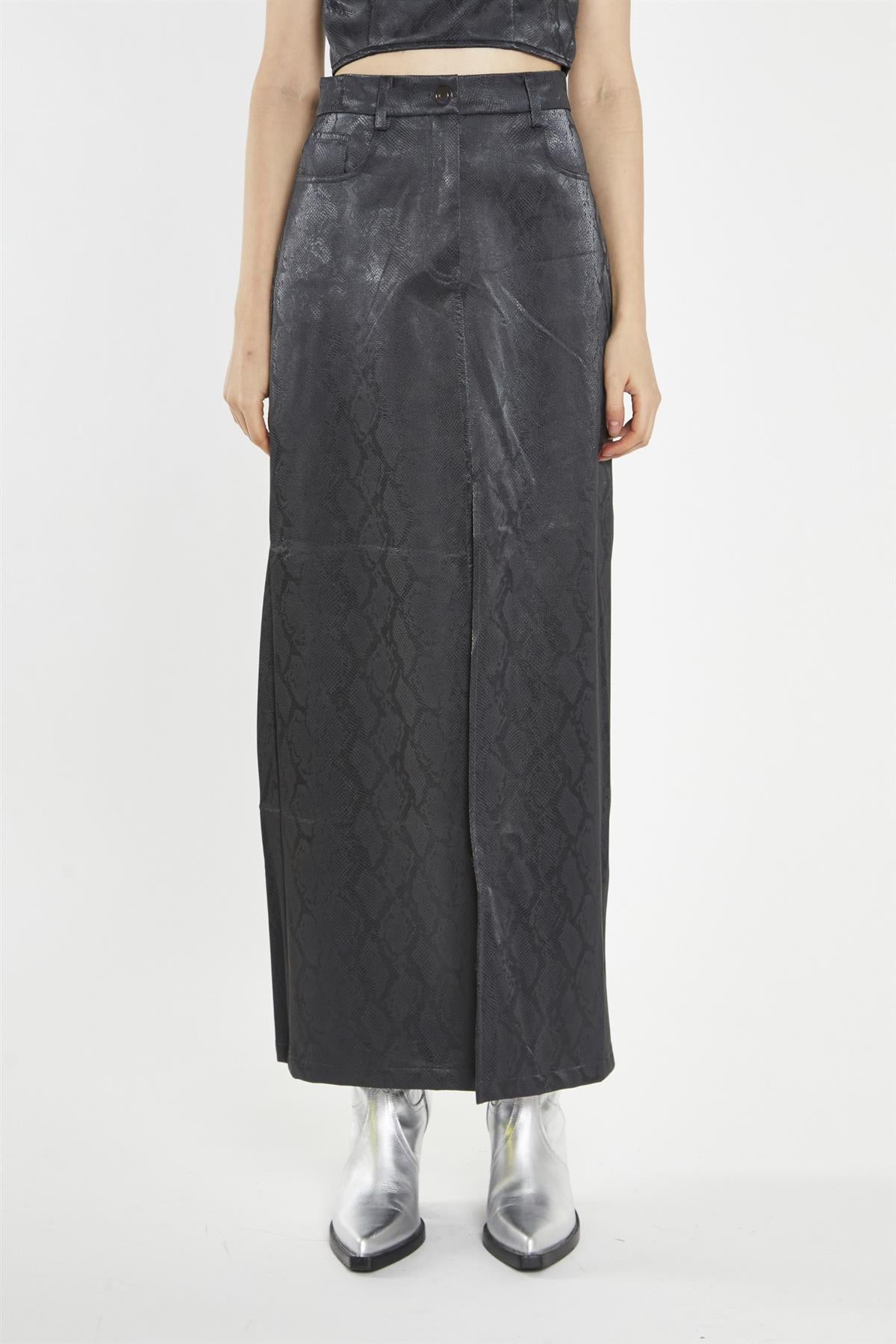 Black-Snake PU Centre-Split Midi-Skirt