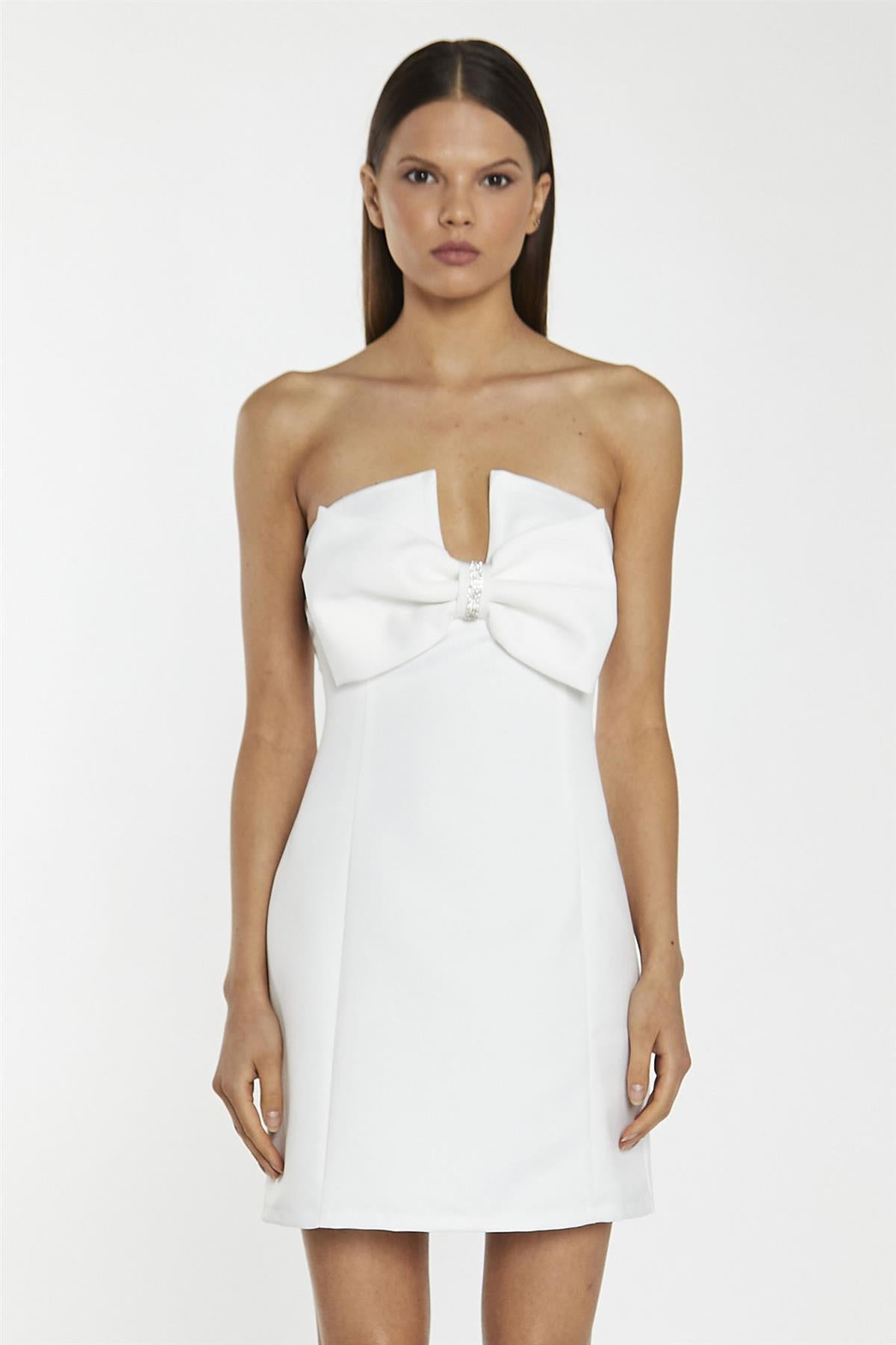 Off-White Satin Strapless Bow Mini-Dress