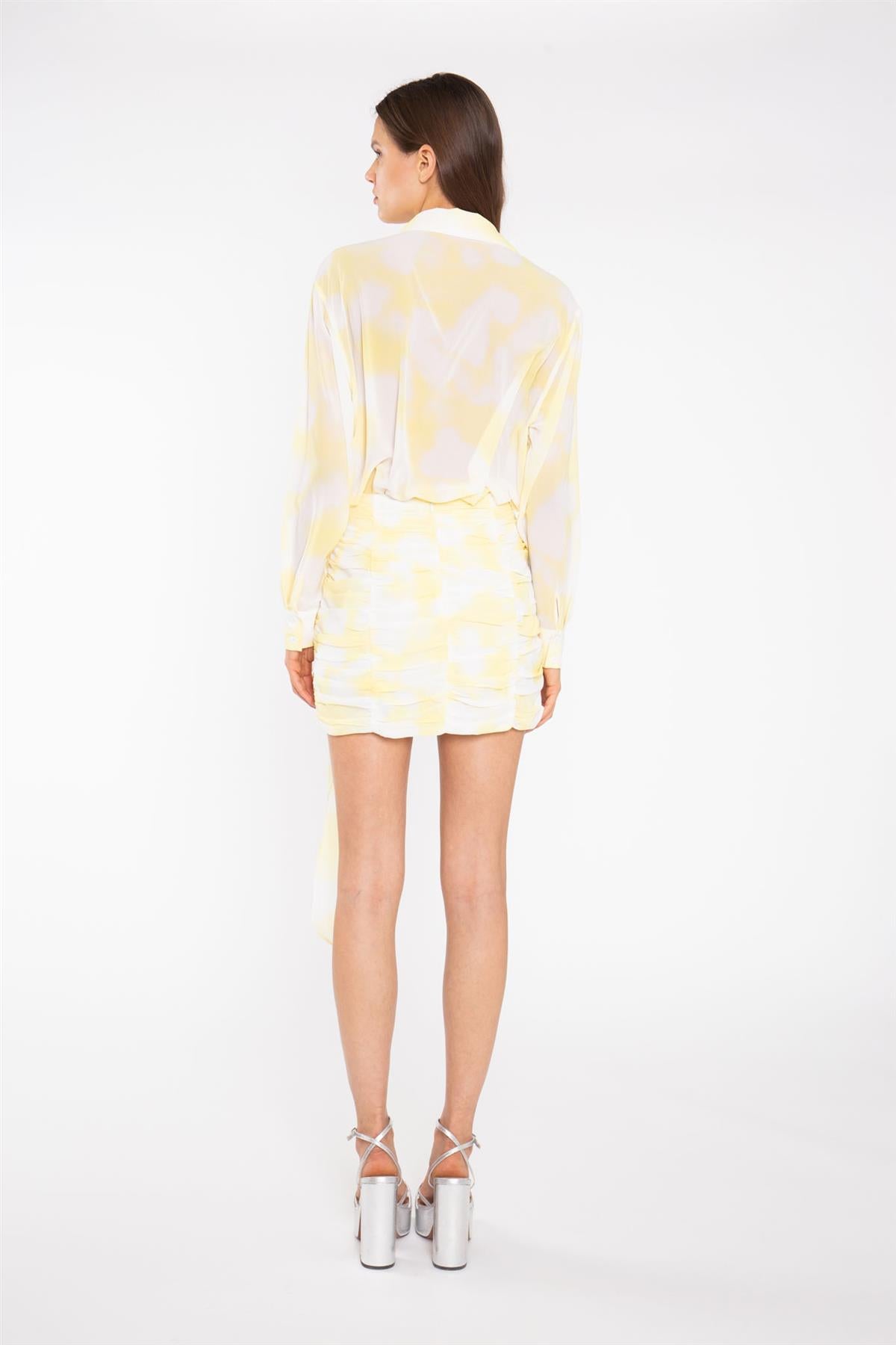 Yellow Print-Chiffon Ruched Tie-Front Mini-Skirt