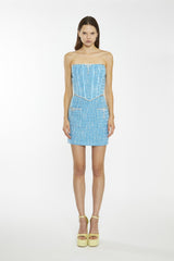 Cyan-Blue Tweed Diamante Trim Mini-Skirt