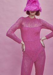 Zoe Lace Full Length Bodysuit -Bright-Pink