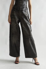 Black Distressed-PU Wide-Leg Trousers