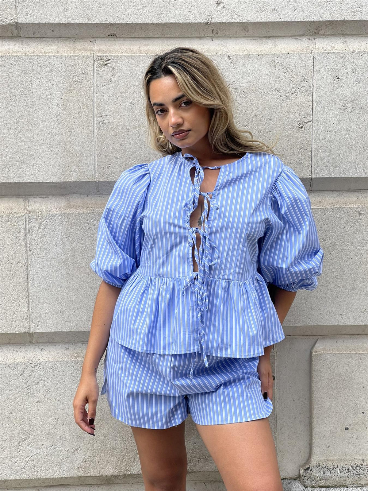 Blue-Stripe Tie-Front Peplum Top