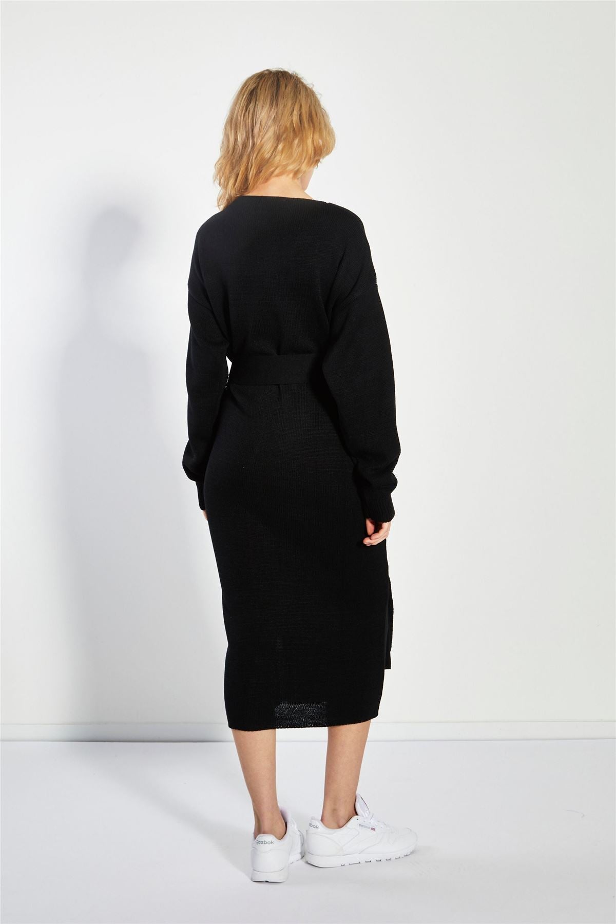 Black Tie-Waist Knitted Midi-Dress