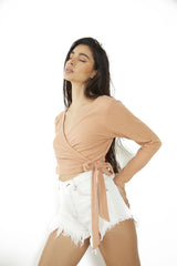 Dusty Orange Ribbed Wrap Crop Top