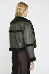 Dark-Green Cropped Shearling Trim -Jacket