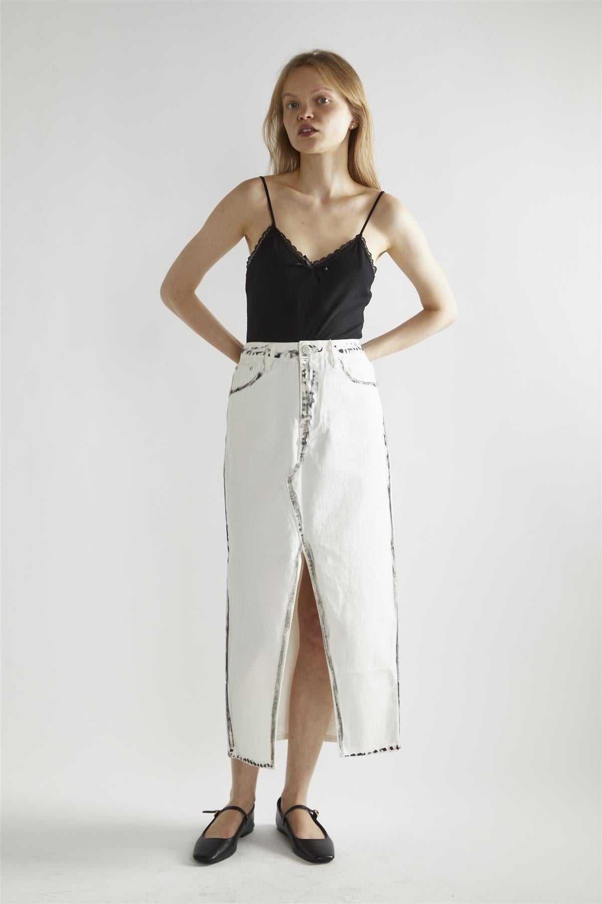 White-Black Edges Denim Straight Midi-Skirt