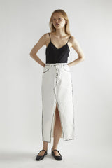 White-Black Edges Denim Straight Midi-Skirt