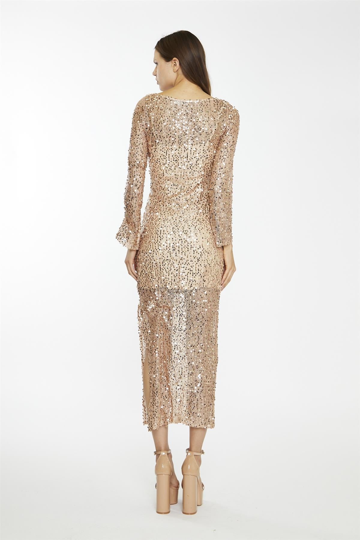 Rose-Gold Sequin Mesh V-Neck Maxi-Dress