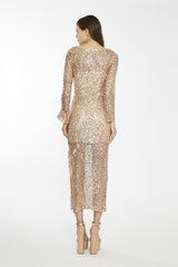 Rose-Gold Sequin Mesh V-Neck Maxi-Dress