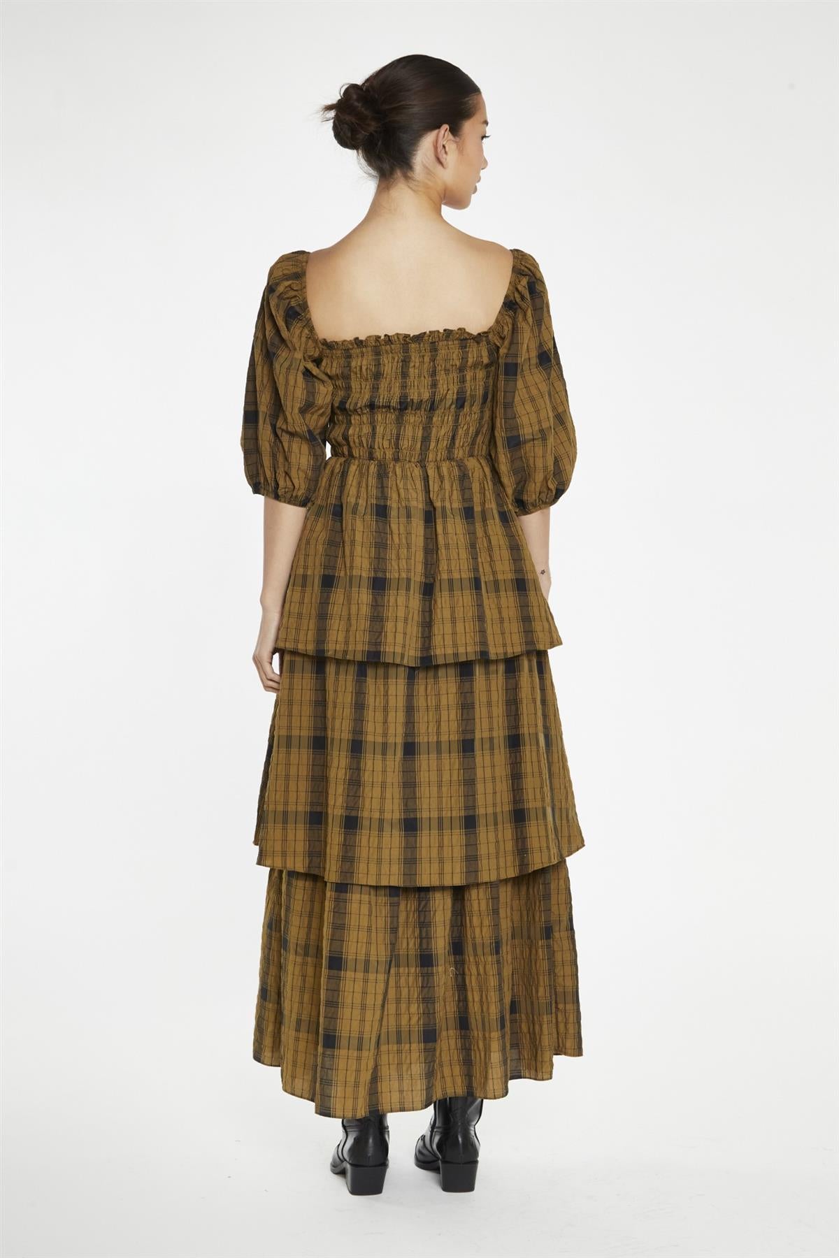 Olive-Check Tiered Maxi-Dress