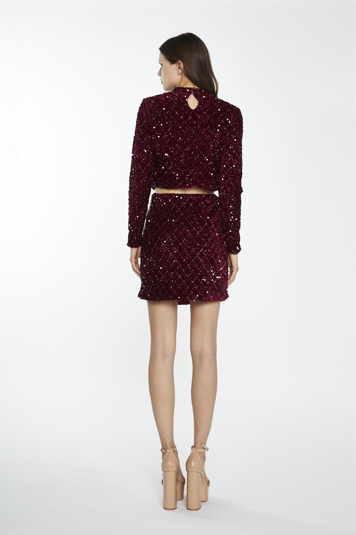 Port-Red Velvet-Sequin Mini-Skirt