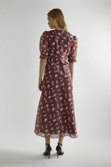 Burgundy-Floral Organza  V-Neck Midaxi-Dress