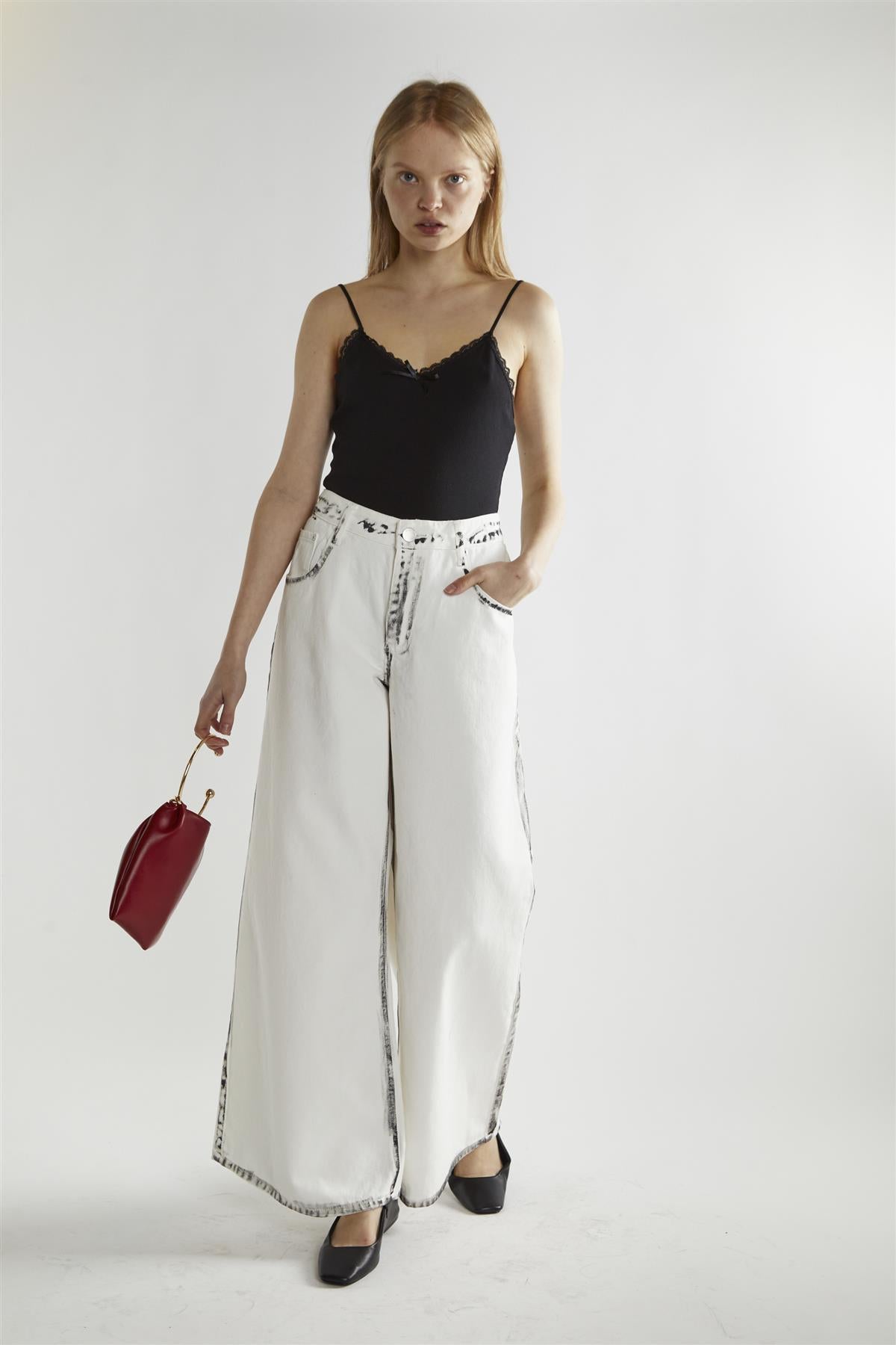 White-Black Edges Wide-Leg Jeans