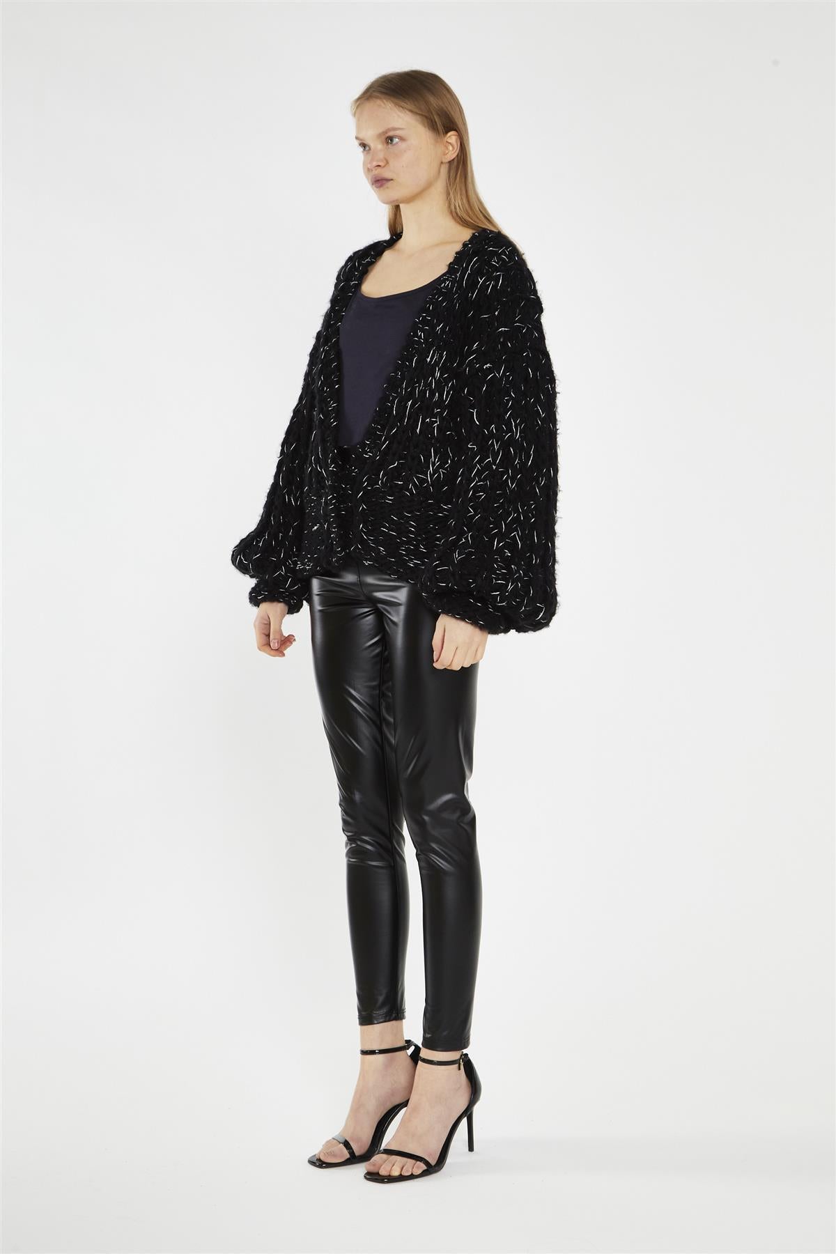 Black Silver-Fleck Cable-Knit -Cardigan