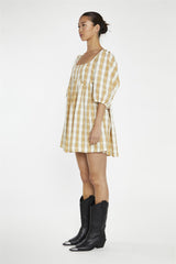 Beige-Cream Check Square-Neck Smock Mini-Dress