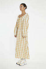 Beige-Cream Check Gathered Tie-Neck Midi-Dress