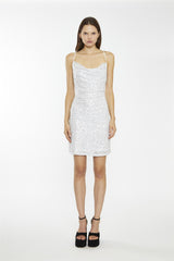 Silver Micro-Sequin Cowl-neck Mini-Dress