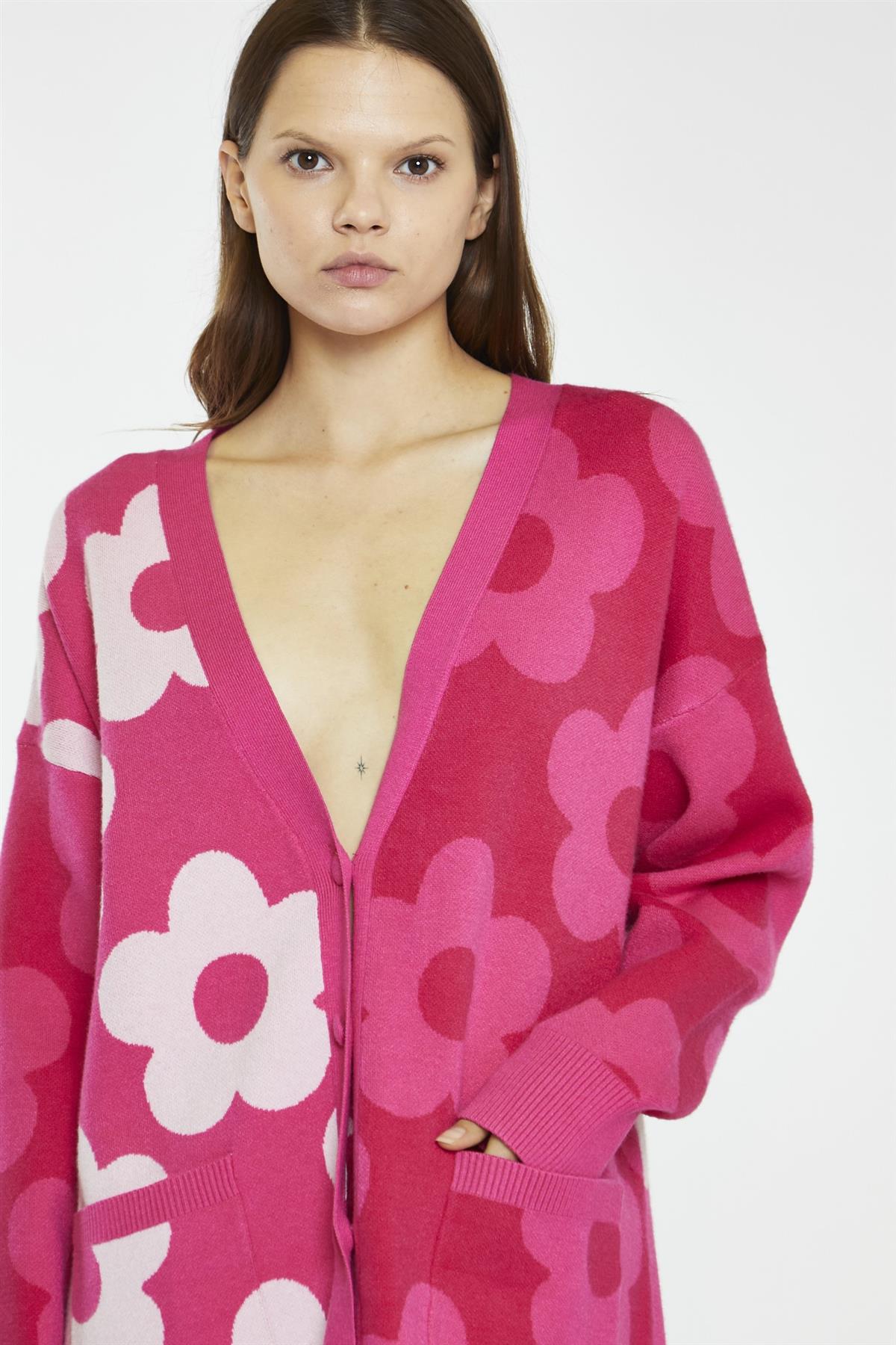 Large Pink Flower Long-Line Cardigan