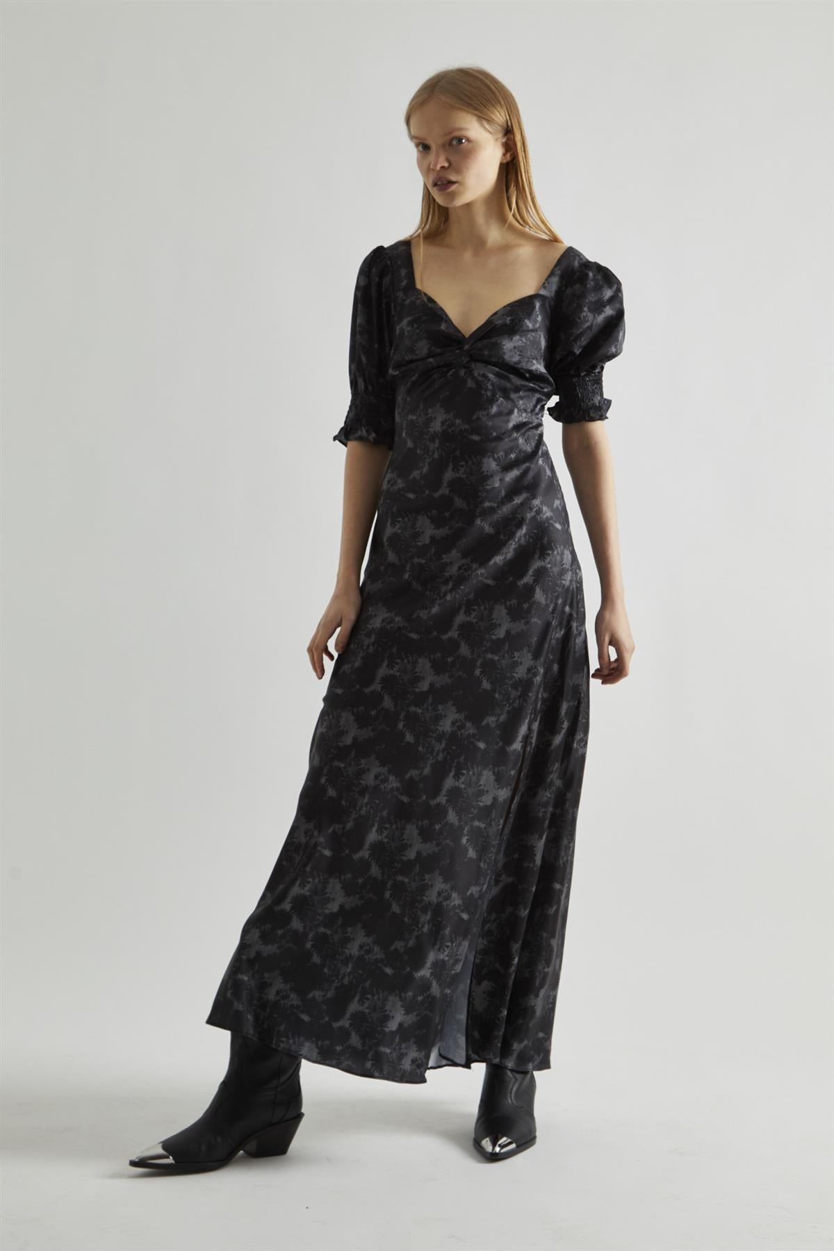 Charcoal Digital-Floral Twist-Front Maxi-Dress