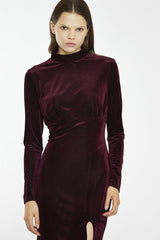 Port-Red Velvet-Rib High-Neck Side-Split Mini-Dress