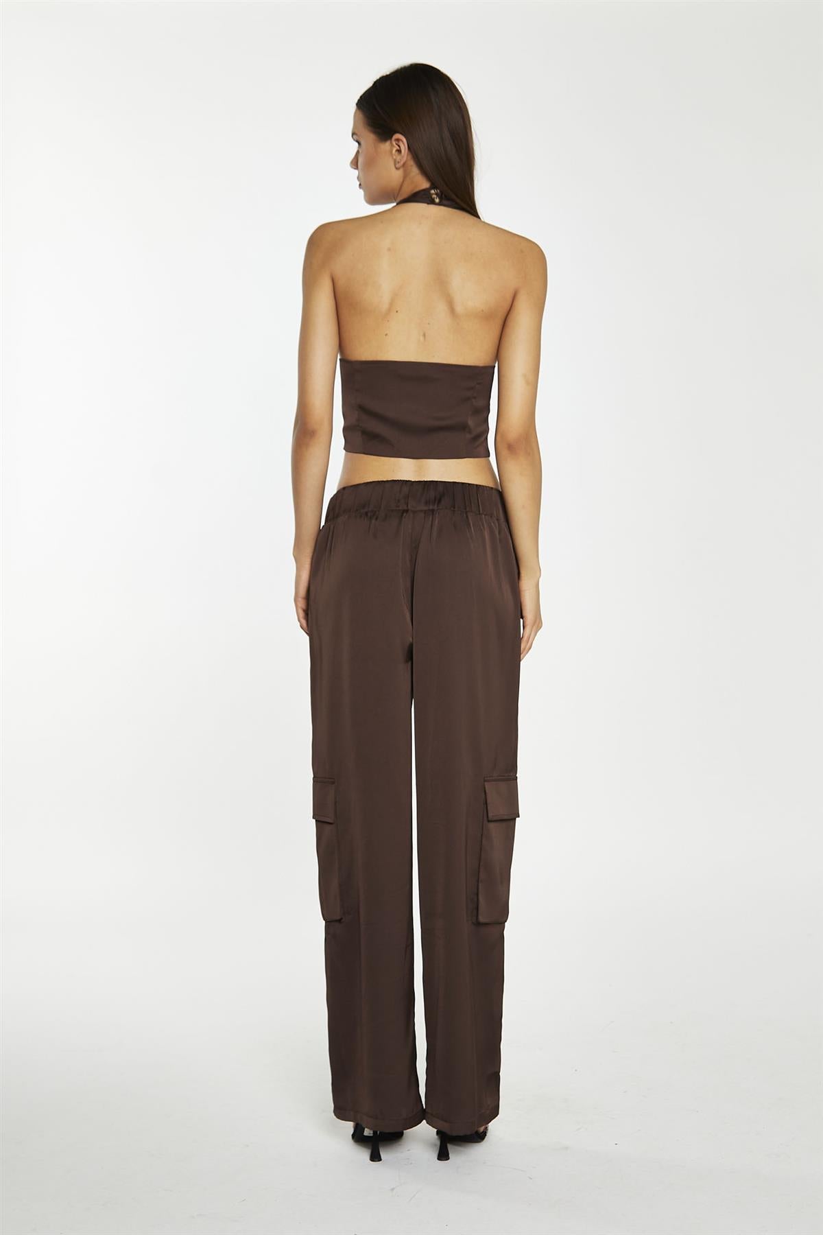 Brown-Satin Cargo Trousers