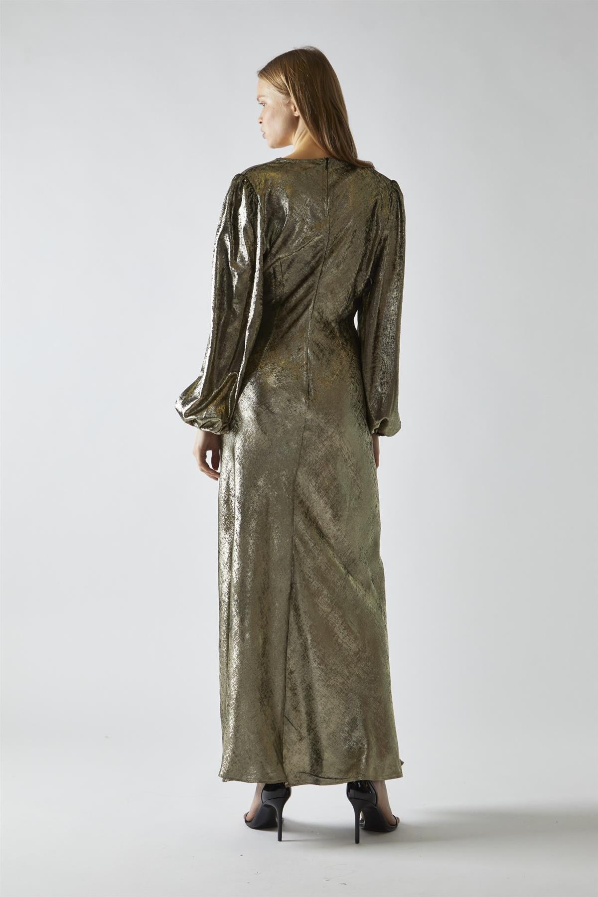 Black Gold Metallic V-Neck Maxi-Dress