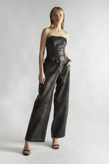 Black Distressed-PU Wide-Leg Trousers