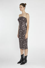 Brown-Floral Mesh Bandeau Midi-Dress